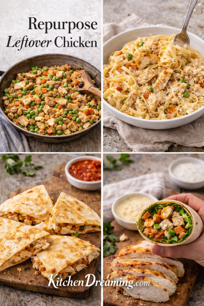 Chicken Meal Prep for the Week: One Simple Method, Endless Meals 5 Leftover ideas made from chicken meal prep for the week including pasta and wraps.