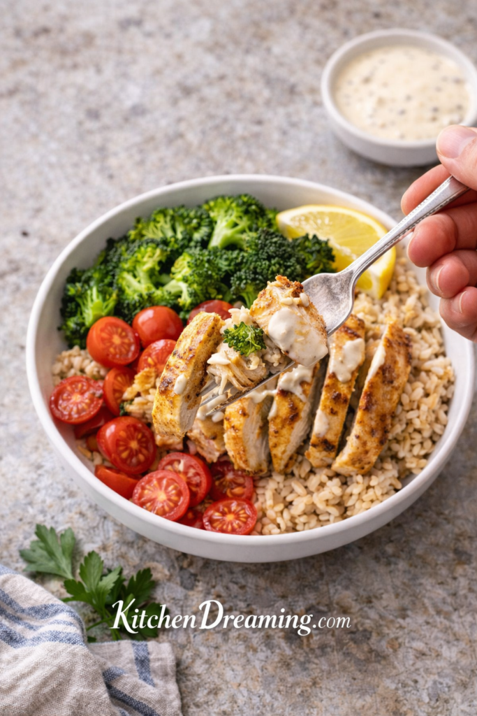 Chicken Meal Prep for the Week: One Simple Method, Endless Meals 6 Fork lifting chicken and rice bowl from chicken meal prep for the week.