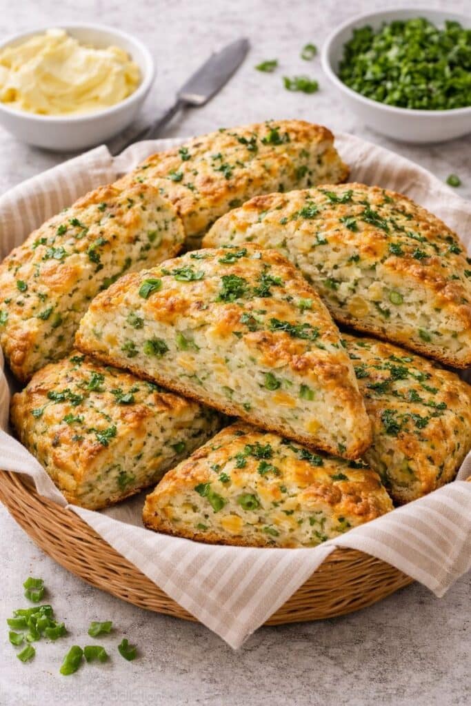 Savory cheddar and herb scones stacked in a basket, baked until golden and flaky, with visible cheese and fresh herbs throughout.