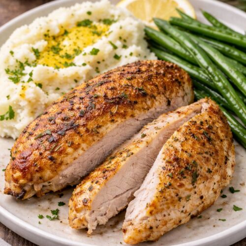 Juicy oven baked bone in chicken breast sliced and served with mashed potatoes and green beans