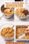 Step-by-step process showing peanut butter and honey melting, mixing with granola and cereal, and pressing the no-bake granola bar mixture into a lined pan.