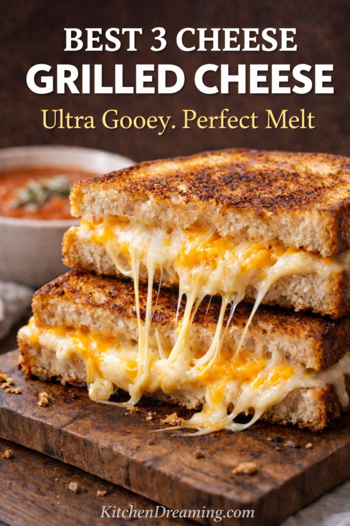 Best 3 Cheese Grilled Cheese Sandwich Recipe 8 Stacked 3 cheese grilled cheese sandwich with cheddar, Gruyere, and Monterey Jack melting between crispy golden bread slices.