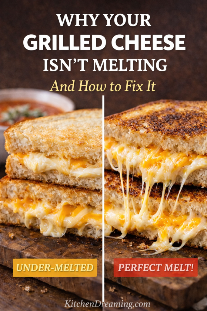 Best 3 Cheese Grilled Cheese Sandwich Recipe 9 Side-by-side comparison of under-melted grilled cheese and perfectly melted 3 cheese grilled cheese with gooey cheese pull.