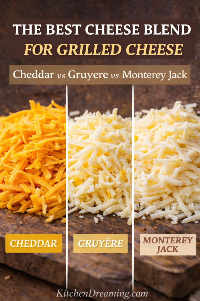 Best 3 Cheese Grilled Cheese Sandwich Recipe 10 Three sections showing shredded cheddar, Gruyere, and Monterey Jack labeled as the best cheese blend for grilled cheese.
Board Sugge