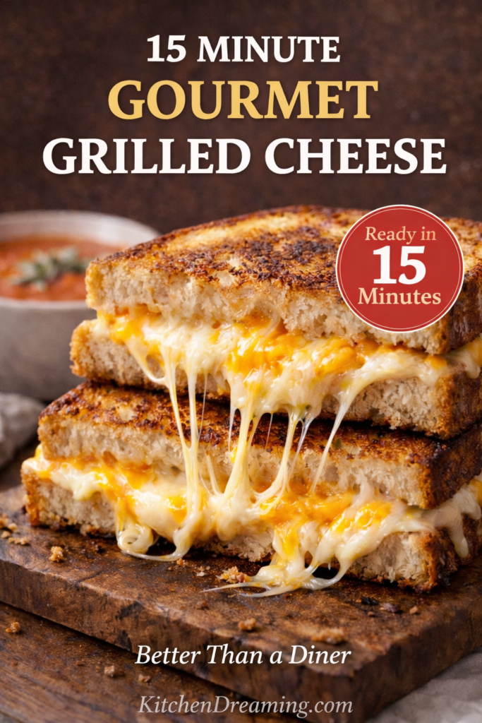 Best 3 Cheese Grilled Cheese Sandwich Recipe 11 Golden 3 cheese grilled cheese sandwich with melted cheese stretch labeled as a 15 minute gourmet grilled cheese recipe.