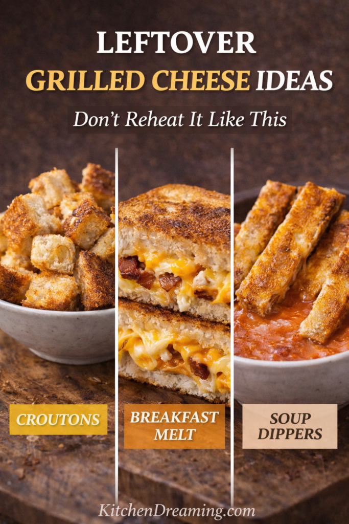 Best 3 Cheese Grilled Cheese Sandwich Recipe 12 Collage showing leftover grilled cheese turned into croutons, breakfast melt, and soup dippers.