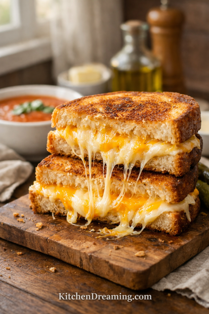 Best 3 Cheese Grilled Cheese Sandwich Recipe 1 Stacked 3 cheese grilled cheese sandwich with cheddar, Gruyere, and Monterey Jack melting between crispy golden bread slices.