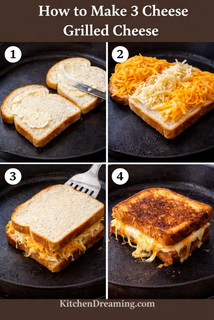 Best 3 Cheese Grilled Cheese Sandwich Recipe 2 Step-by-step collage showing how to make a 3 cheese grilled cheese with buttered bread, cheddar, Gruyere, Monterey Jack, and a golden flip.