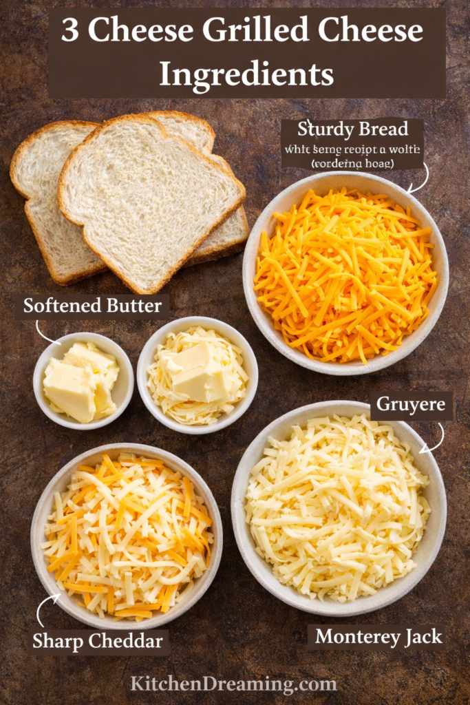Best 3 Cheese Grilled Cheese Sandwich Recipe 3 Ingredients flat lay for 3 cheese grilled cheese including bread, butter, sharp cheddar, Gruyere, and Monterey Jack cheese.