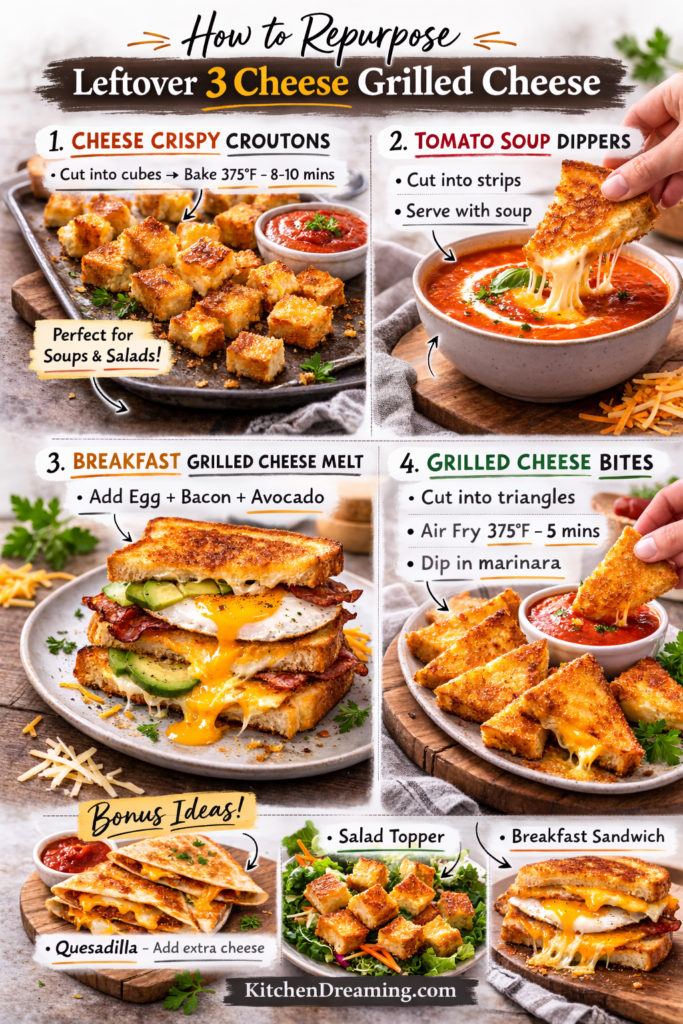 Best 3 Cheese Grilled Cheese Sandwich Recipe 4 Leftover grilled cheese ideas showing grilled cheese croutons, soup dippers, and a breakfast melt made from leftover 3 cheese grilled cheese.