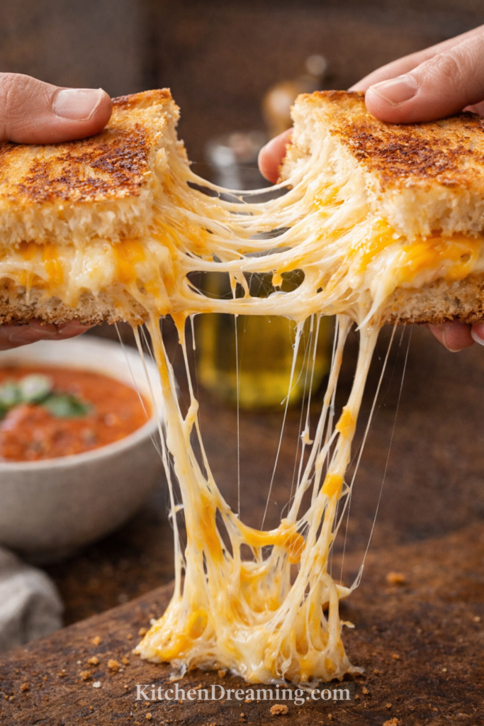 Best 3 Cheese Grilled Cheese Sandwich Recipe 5 Big gooey cheese pull from a 3 cheese grilled cheese sandwich made with cheddar, Gruyere, and Monterey Jack on toasted bread.