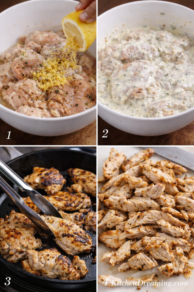 Chicken Gyro Meat Recipe Better Than Takeout 2 Step by step collage showing how to make chicken gyro meat with yogurt marinade and skillet cooking