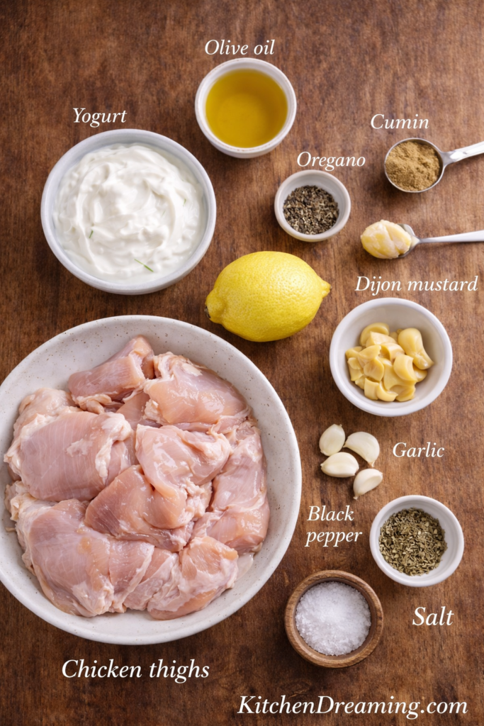 Chicken Gyro Meat Recipe Better Than Takeout 3 Ingredients for chicken gyro meat including chicken thighs, yogurt, lemon, garlic, oregano, cumin, and olive oil