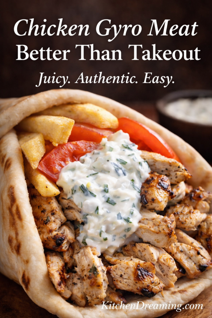 Chicken Gyro Meat Recipe Better Than Takeout 8 Juicy chicken gyro meat inside warm pita with tzatziki and tomatoes, homemade Greek chicken gyro recipe.