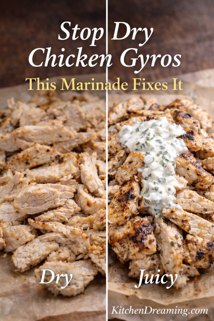 Chicken Gyro Meat Recipe Better Than Takeout 9 Comparison of dry vs juicy chicken gyro meat showing yogurt marinade results