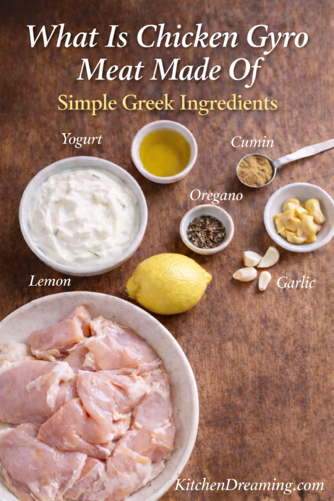 Chicken Gyro Meat Recipe Better Than Takeout 10 Ingredients for chicken gyro meat including chicken thighs, yogurt, lemon, garlic, oregano, cumin, and olive oil.