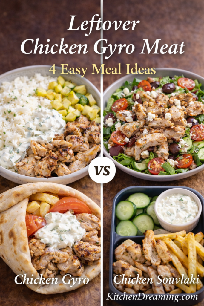 Chicken Gyro Meat Recipe Better Than Takeout 12 Leftover chicken gyro meat used in bowl, wrap, salad, and lunch container.