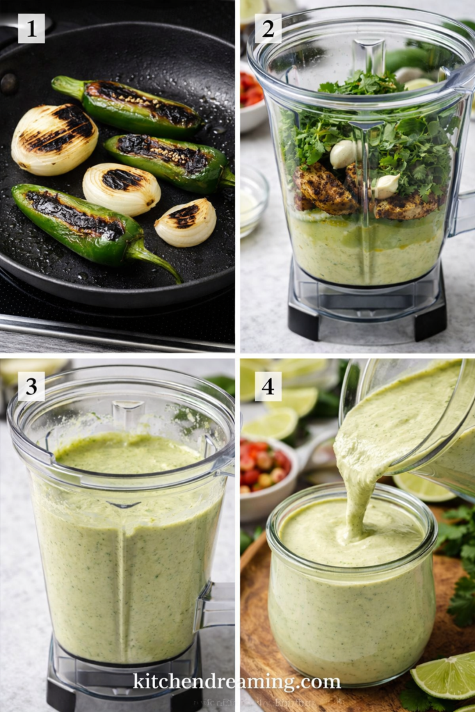 Creamy Jalapeno Sauce (Better Than Taco Bell) 2 Four step collage showing roasted jalapenos and onion, ingredients in a blender, blended creamy green sauce, and sauce poured into a jar, for a creamy jalapeno sauce recipe.