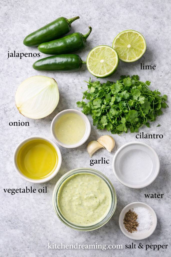 Creamy Jalapeno Sauce (Better Than Taco Bell) 3 Top down ingredient flat lay labeled jalapenos, lime, onion, cilantro, garlic, vegetable oil, water, and salt for creamy jalapeno sauce.