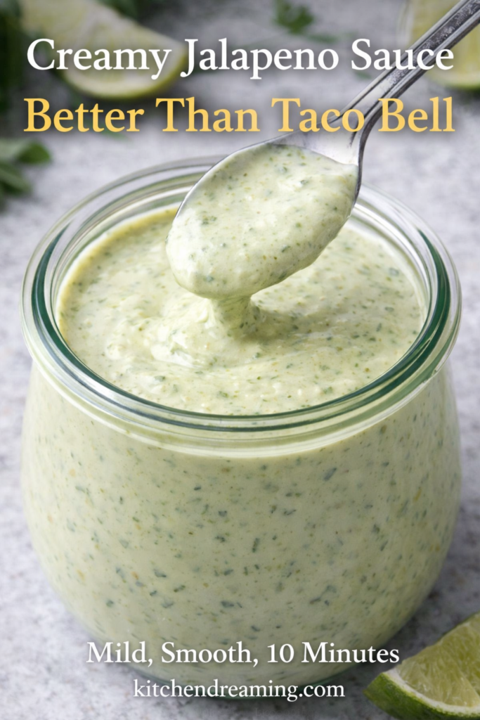 Creamy Jalapeno Sauce (Better Than Taco Bell) 8 Creamy jalapeno sauce in a jar with a spoon, a mild taco truck green sauce made from roasted jalapenos, lime juice, garlic, and oil.