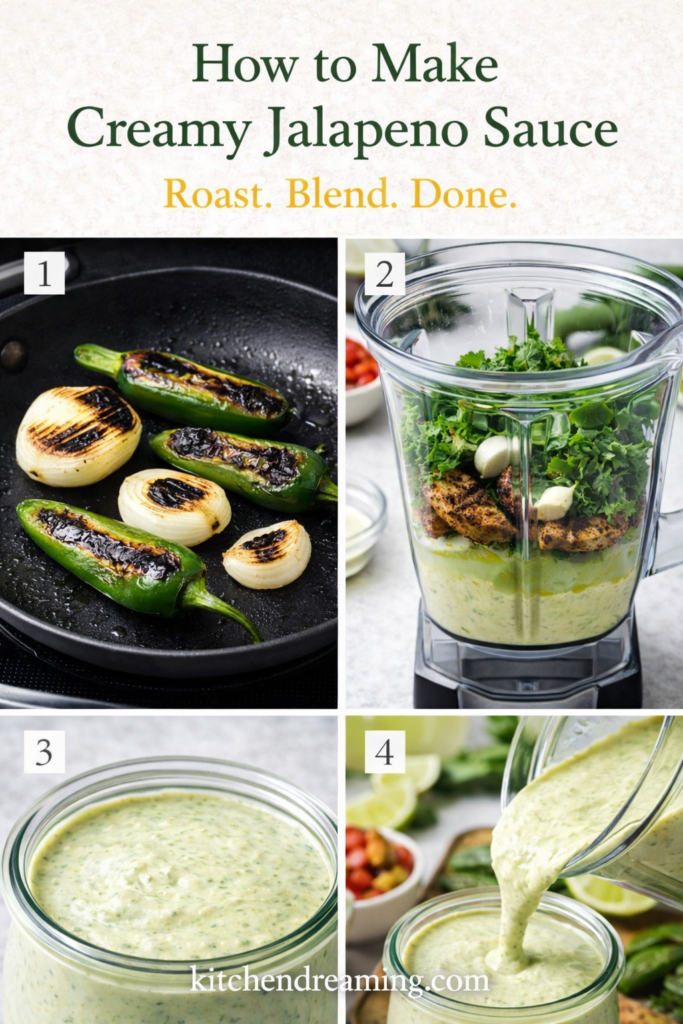 Creamy Jalapeno Sauce (Better Than Taco Bell) 9 Four-step collage showing roasted jalapenos and onion, ingredients in a blender, blended creamy jalapeno sauce, and sauce poured into a jar.