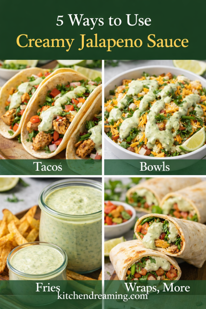 Creamy Jalapeno Sauce (Better Than Taco Bell) 11 Pinterest graphic showing multiple dishes topped with creamy jalapeno sauce, including tacos, bowls, fries, and wraps, for creamy jalapeno sauce ideas.