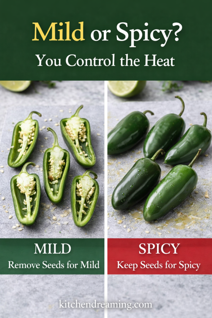 Creamy Jalapeno Sauce (Better Than Taco Bell) 12 Split image showing jalapenos with seeds removed for mild and whole jalapenos with seeds for spicy, explaining heat control for creamy jalapeno sauce.