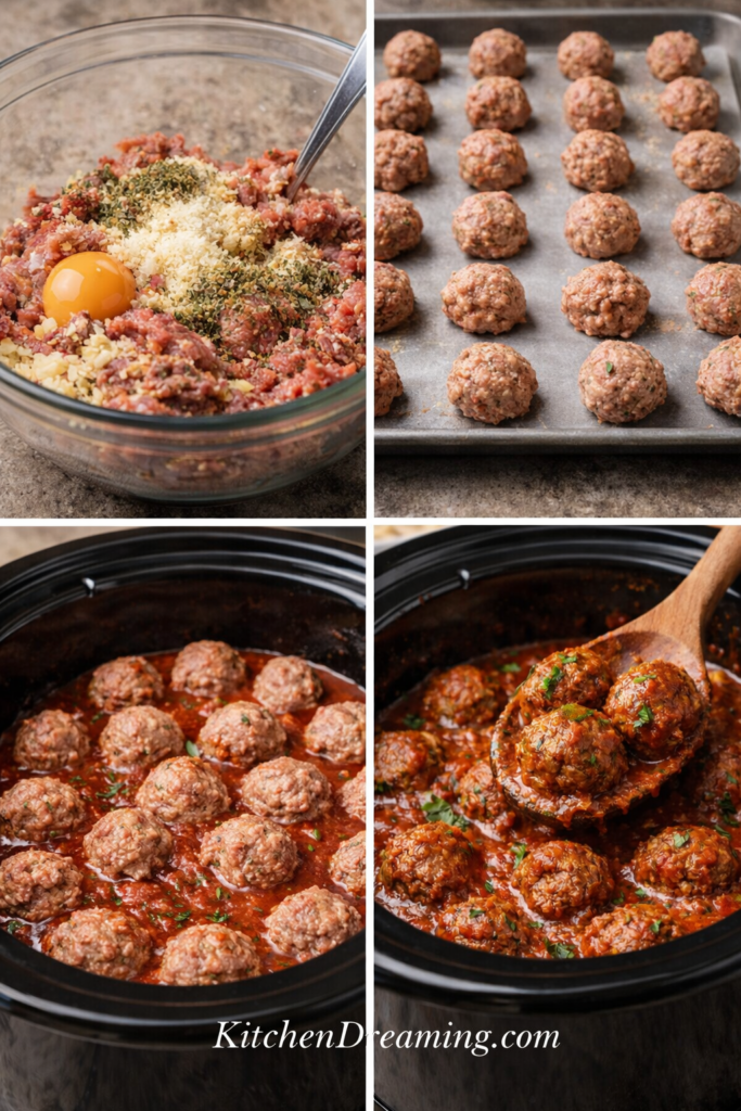 Crock Pot Italian Meatballs (Easy Slow Cooker Method) 2 Four step collage showing how to make Crock Pot Italian Meatballs, including mixing ingredients, shaping meatballs, cooking in marinara, and serving slow cooker Italian meatballs.
