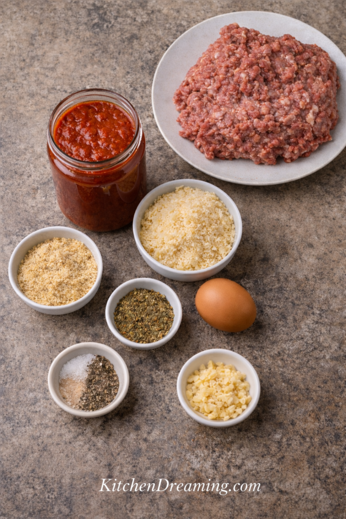Crock Pot Italian Meatballs (Easy Slow Cooker Method) 3 Overhead ingredient flat lay for Crock Pot Italian Meatballs with ground meat, breadcrumbs, Parmesan, egg, seasonings, garlic, and marinara for slow cooker Italian meatballs.
