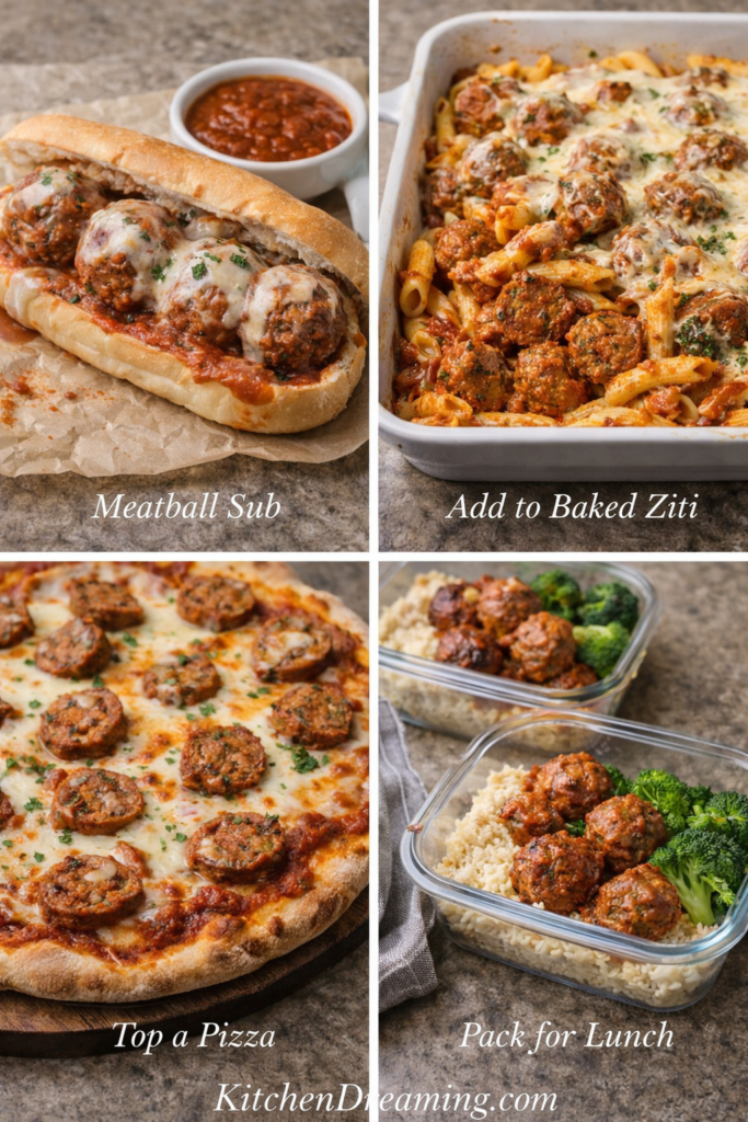 Crock Pot Italian Meatballs (Easy Slow Cooker Method) 4 Collage of leftover Italian meatballs ideas using Crock Pot Italian Meatballs, including meatball subs, baked pasta, pizza topping, and meal prep lunches.