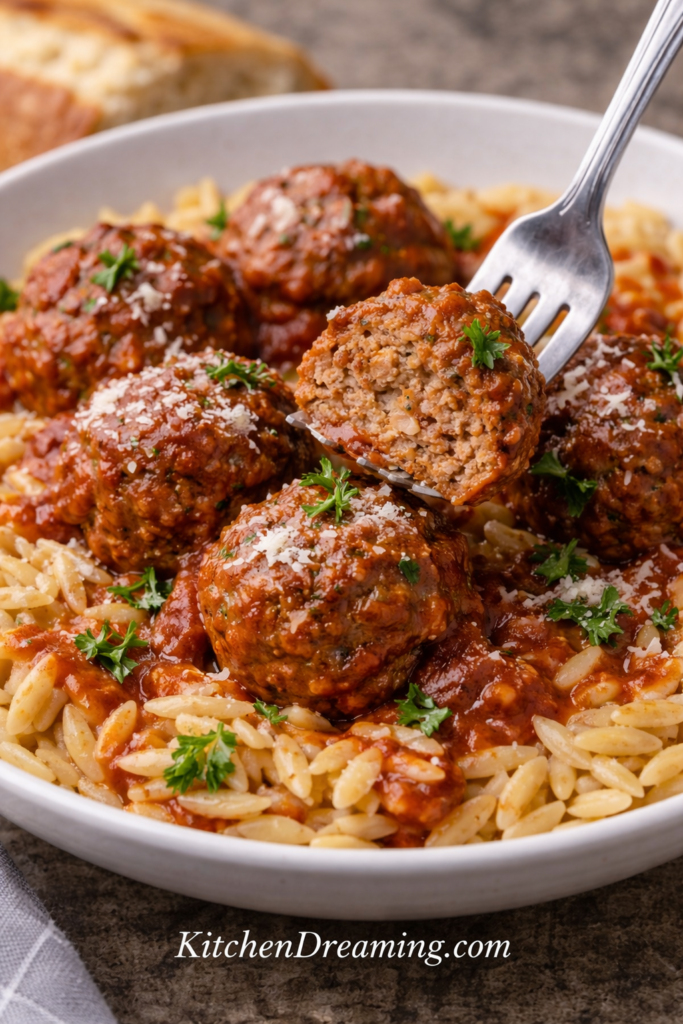 Crock Pot Italian Meatballs (Easy Slow Cooker Method) 5 Close up fork bite of Crock Pot Italian Meatballs showing tender texture in marinara sauce served over pasta for an easy slow cooker Italian meatballs recipe.