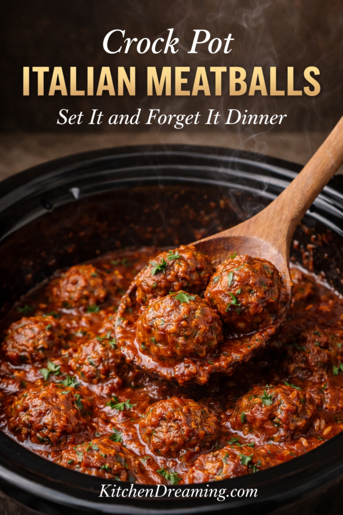 Crock Pot Italian Meatballs (Easy Slow Cooker Method) 7 Crock Pot Italian Meatballs simmering in marinara sauce in a slow cooker, labeled as an easy slow cooker Italian meatballs recipe for busy weeknights.