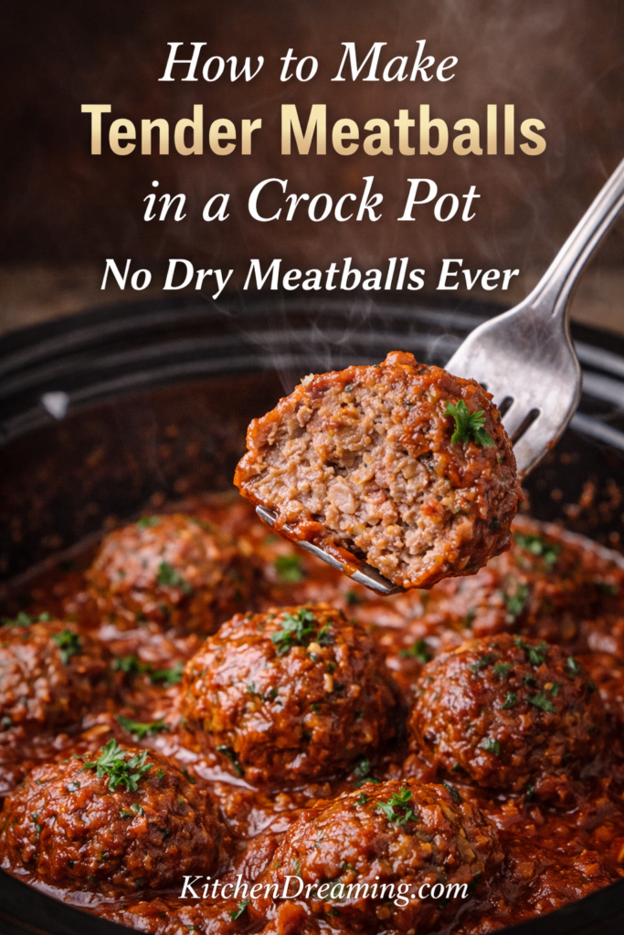 Crock Pot Italian Meatballs (Easy Slow Cooker Method) 8 Fork holding a cut meatball showing juicy texture from Crock Pot Italian Meatballs, a tender slow cooker Italian meatballs recipe with marinara sauce.