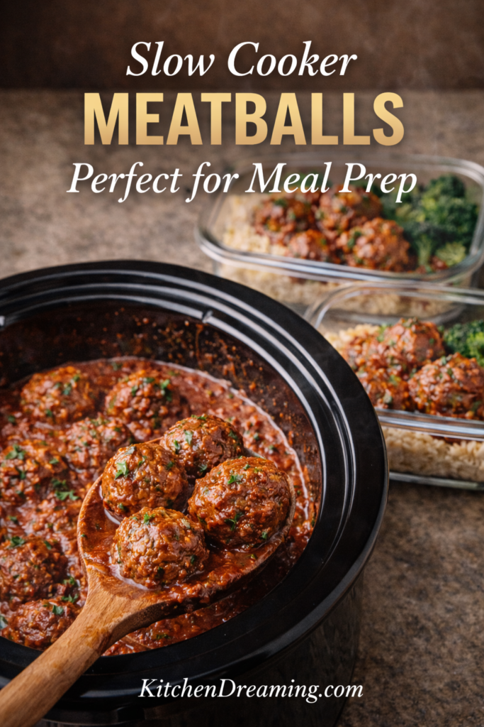 Crock Pot Italian Meatballs (Easy Slow Cooker Method) 9 Crock Pot Italian Meatballs in marinara with meal prep containers in the background, highlighting slow cooker meatballs for meal prep and freezer meals.