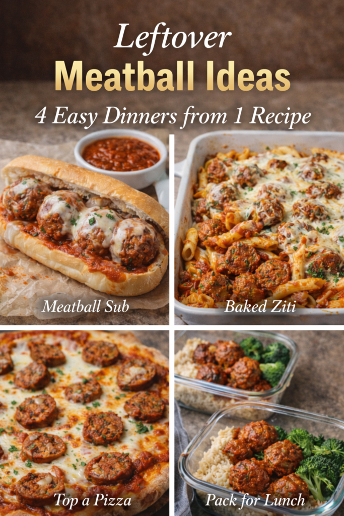 Crock Pot Italian Meatballs (Easy Slow Cooker Method) 10 Collage of leftover meatballs ideas using Crock Pot Italian Meatballs, including meatball subs, baked pasta, pizza topping, and meal prep bowls.