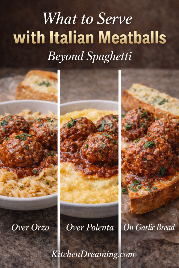 Crock Pot Italian Meatballs (Easy Slow Cooker Method) 11 Three serving ideas for Crock Pot Italian Meatballs, showing slow cooker Italian meatballs served over orzo, over polenta, and on garlic bread.