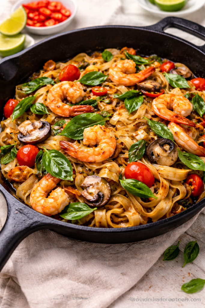 Drunken noodles recipe cooked in a cast iron skillet with shrimp, mushrooms, Thai basil, and Thai chiles in a savory soy based Pad Kee Mao sauce.