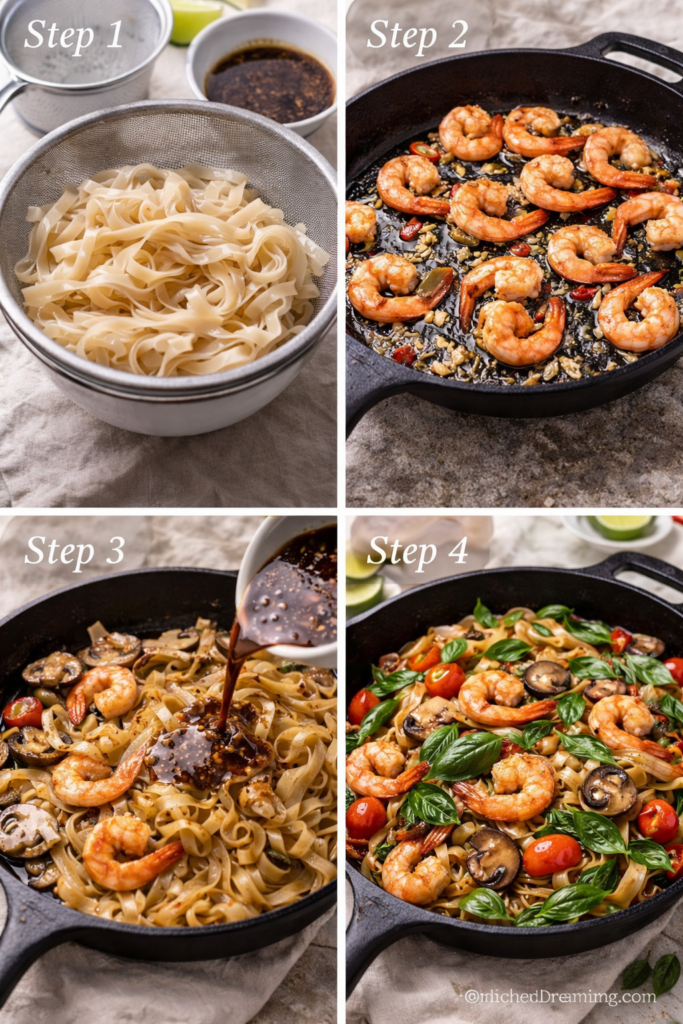 Drunken Noodles Recipe Better Than Takeout 3 Step by step collage showing how to make drunken noodles recipe, soaking dried rice noodles, cooking shrimp and vegetables, adding sauce, and finishing Pad Kee Mao in a cast iron skillet.