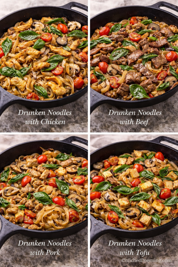 Drunken Noodles Recipe Better Than Takeout 4 Protein swaps collage for drunken noodles recipe showing Pad Kee Mao made with chicken, beef, pork, and tofu using dried rice noodles and Thai basil.