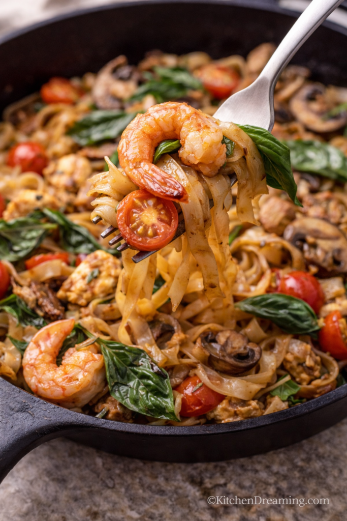 Drunken Noodles Recipe Better Than Takeout 5 Close up fork bite of drunken noodles recipe with shrimp and Thai basil, showing saucy wide rice noodles from Pad Kee Mao cooked in a cast iron skillet.