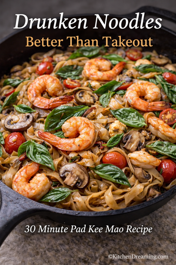 Drunken Noodles Recipe Better Than Takeout 8 Drunken noodles recipe in a cast iron skillet with shrimp, mushrooms, Thai basil, and dried wide rice noodles in savory Pad Kee Mao sauce.