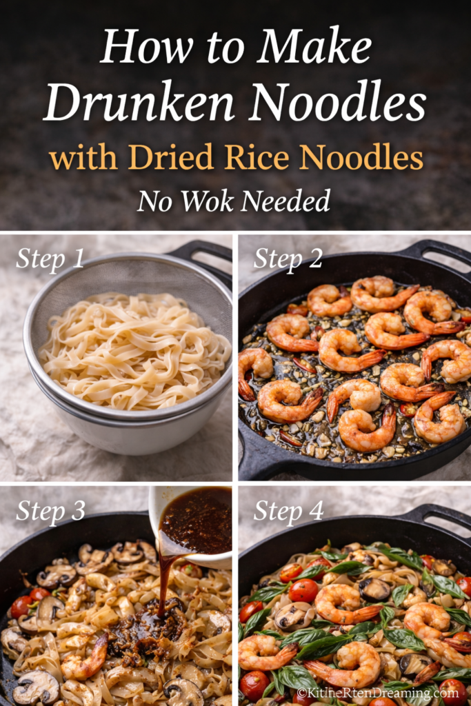 Drunken Noodles Recipe Better Than Takeout 9 Step by step collage showing how to make drunken noodles with dried rice noodles, shrimp, vegetables, and savory Pad Kee Mao sauce in a skillet.