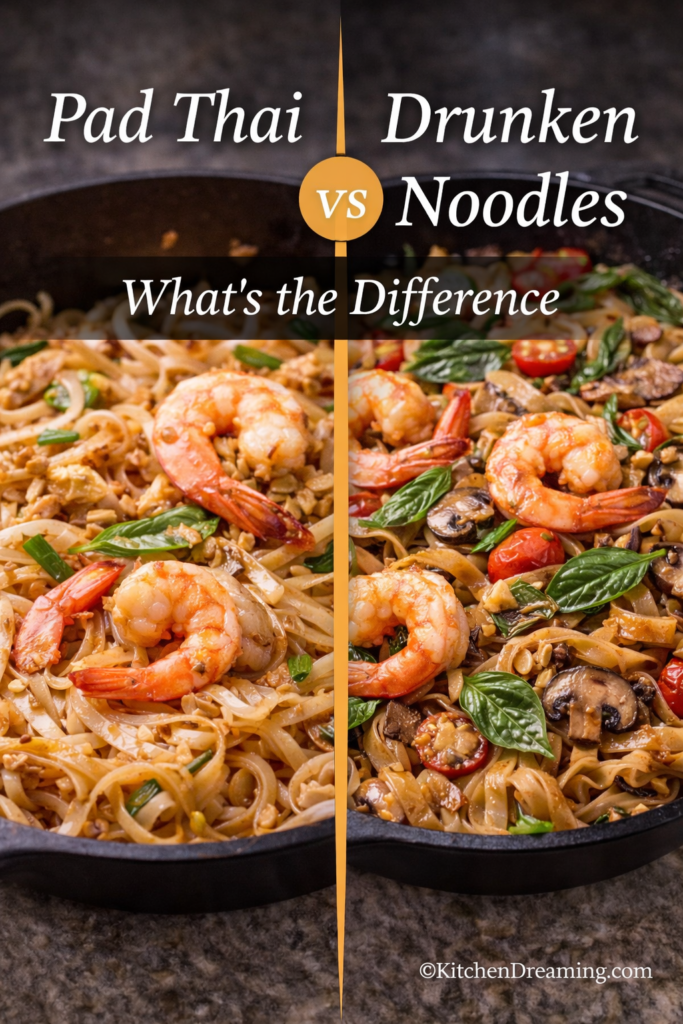 Drunken Noodles Recipe Better Than Takeout 10 Side by side comparison of Pad Thai and drunken noodles showing noodle differences, ingredients, and flavor profiles.
