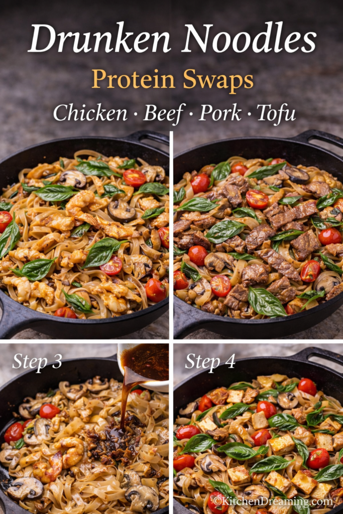 Drunken Noodles Recipe Better Than Takeout 11 Drunken noodles protein swap collage showing Pad Kee Mao made with chicken, beef, pork, tofu, and shrimp.