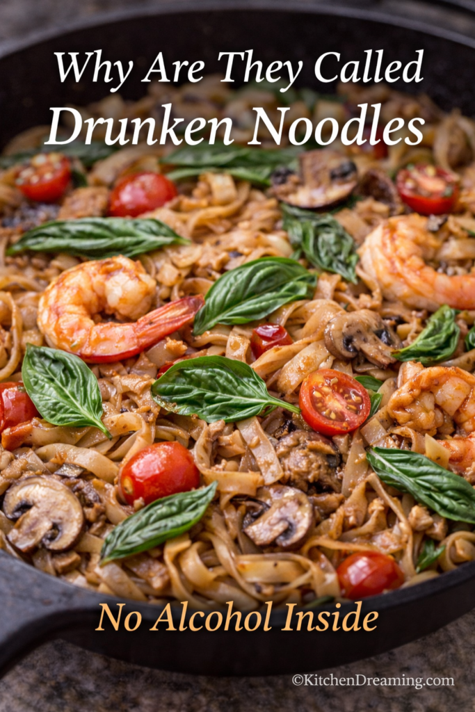 Drunken Noodles Recipe Better Than Takeout 12 Close up of drunken noodles recipe with Thai basil and shrimp explaining why Pad Kee Mao is called drunken noodles without alcohol.