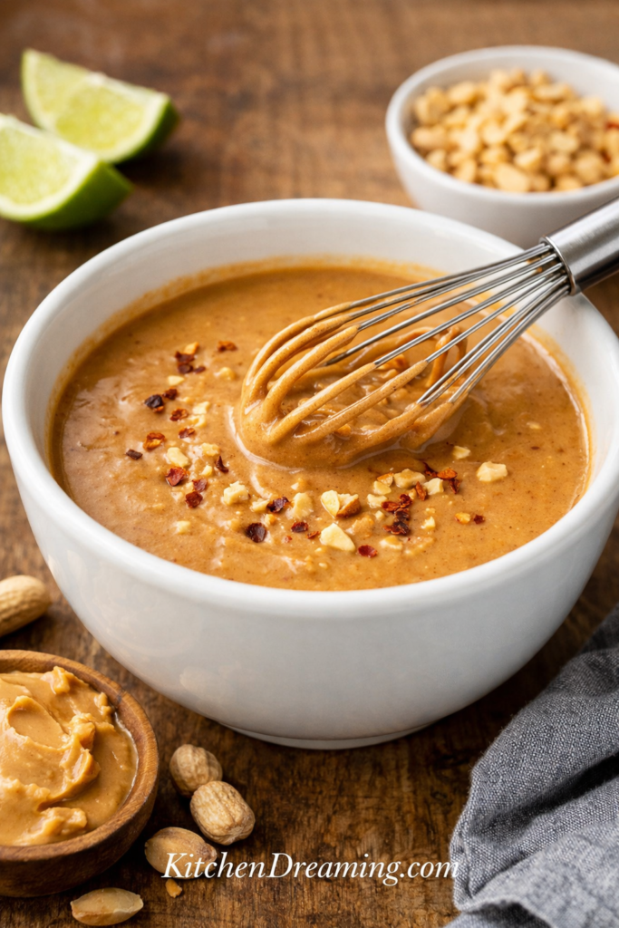 Close-up hero photo of creamy homemade peanut sauce in a bowl with peanuts and red pepper flakes, easy peanut sauce recipe for noodles and dipping.
