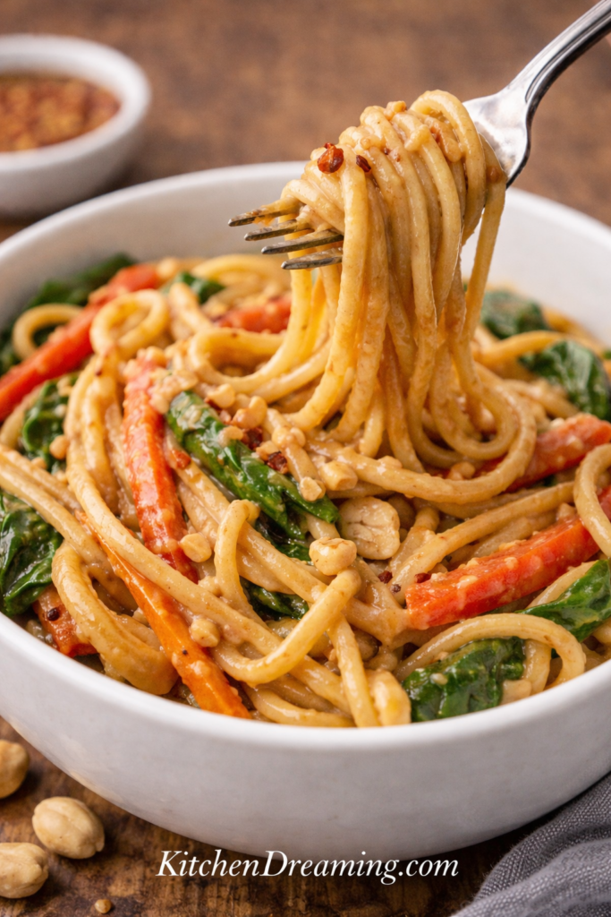 Easy Peanut Sauce Recipe (Better Than Takeout) 5 Close-up fork bite of noodles coated in creamy peanut sauce with vegetables, showing texture of homemade peanut sauce for noodles.