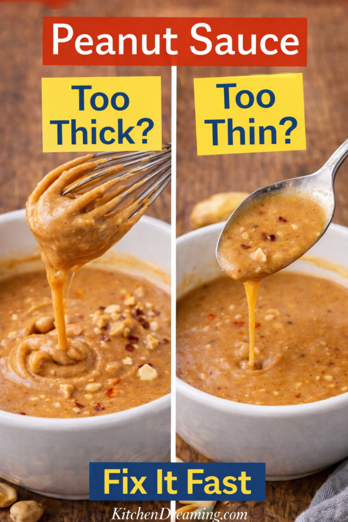 Easy Peanut Sauce Recipe (Better Than Takeout) 9 Side-by-side peanut sauce consistency guide showing thick and thin homemade peanut sauce, with tips to fix texture for an easy peanut sauce recipe.