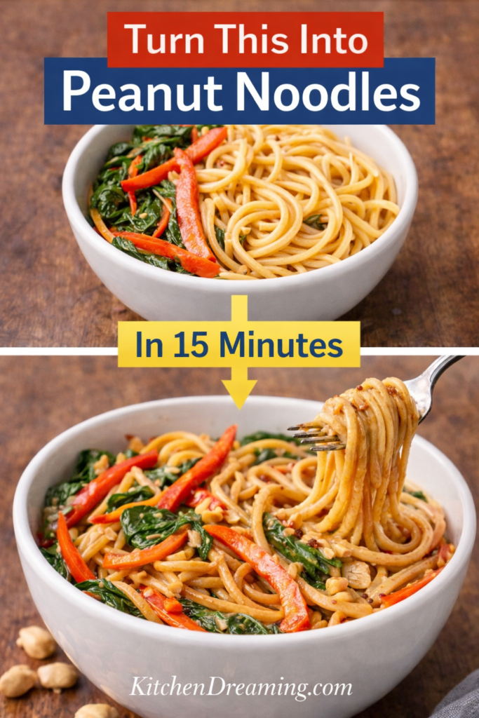 Easy Peanut Sauce Recipe (Better Than Takeout) 10 Before-and-after bowl showing noodles transformed into peanut noodles using homemade peanut sauce, easy peanut sauce recipe for quick dinner.