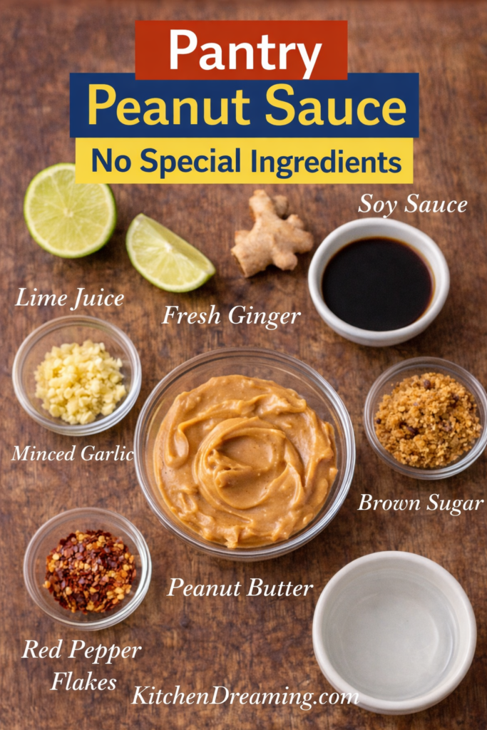 Easy Peanut Sauce Recipe (Better Than Takeout) 11 Labeled ingredients for a homemade peanut sauce recipe, including peanut butter, soy sauce, lime juice, garlic, ginger, brown sugar, and chili flakes.